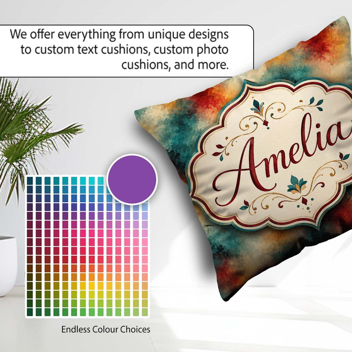 Custom Name Abstract Watercolour in Teal Orange and Red Seamless Square Filled Cushion Throw Pillow Sofa Bed Home Decor Zip Washable UK Made