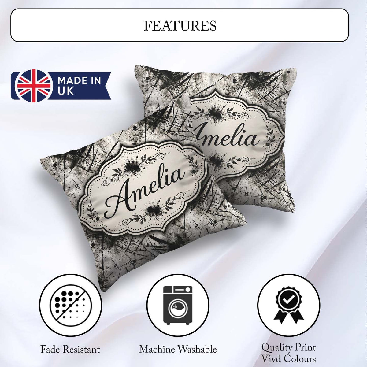 Custom Name Grunge Black Ink Splatter on Concrete Pattern Lovely Square Filled Cushion Throw Pillow Sofa Bed Home Decor Zip Washable UK Made