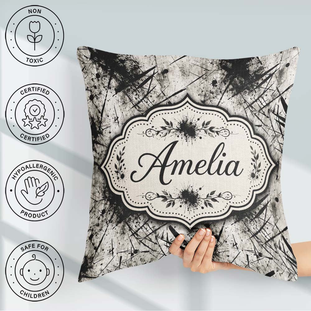 Custom Name Grunge Black Ink Splatter on Concrete Pattern Lovely Square Filled Cushion Throw Pillow Sofa Bed Home Decor Zip Washable UK Made
