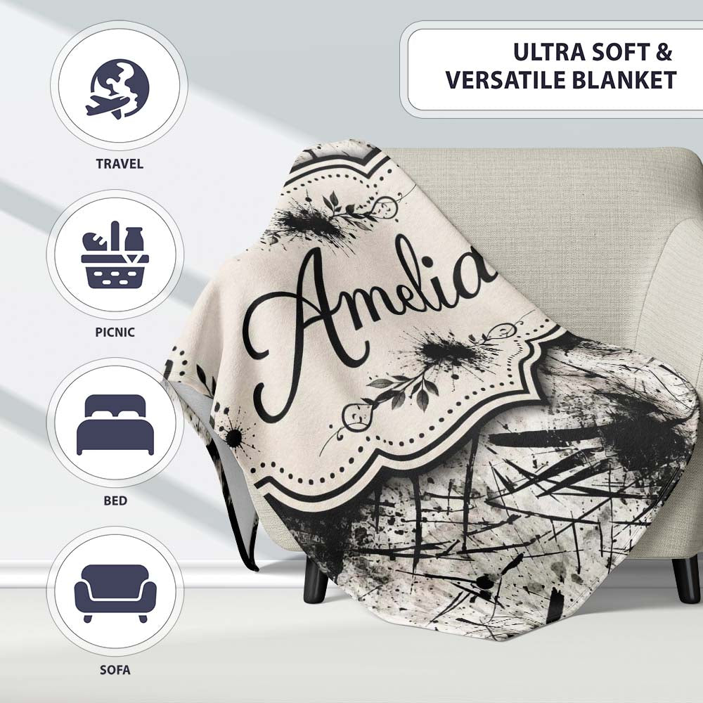 Grunge Black Ink Splatter on Concrete Seamless Pattern Lovely Personalised Custom Name Super Soft Fleece Blanket Bed Sofa Throw