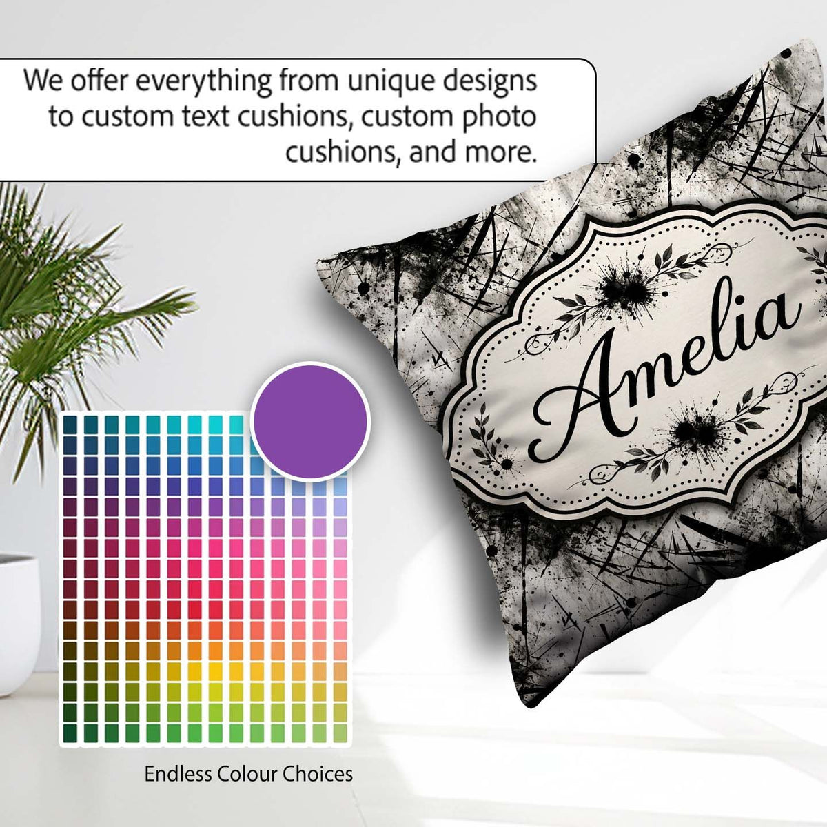 Custom Name Grunge Black Ink Splatter on Concrete Pattern Lovely Square Filled Cushion Throw Pillow Sofa Bed Home Decor Zip Washable UK Made