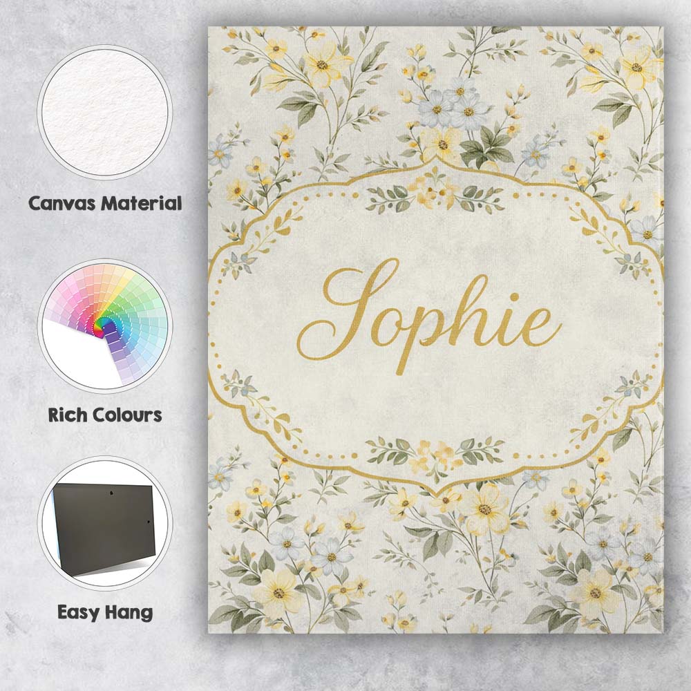 Personalised Name Soft Yellow and White Floral Pattern Cream Background Seamless Custom Canvas Wall Art Print Decor Picture Ready to Hang