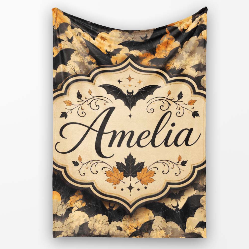 Vintage Halloween Bats in Autumn Leaves Moody Orange and Black Personalised Custom Name Super Soft Fleece Blanket Bed Sofa Throw