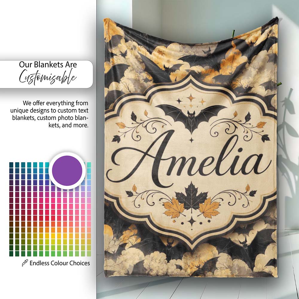 Vintage Halloween Bats in Autumn Leaves Moody Orange and Black Personalised Custom Name Super Soft Fleece Blanket Bed Sofa Throw