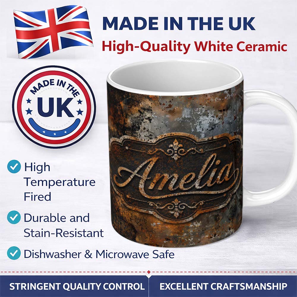 Personalized Custom Name Blue Grey Rust Oxidation Texture Industrial Grunge Seamless Pattern 11oz Ceramic Coffee Tea Mug White Large Handle