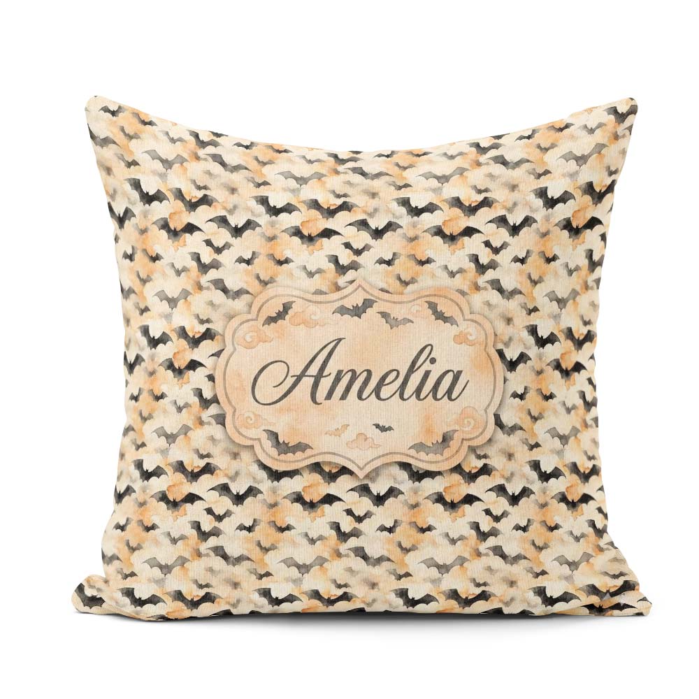 Custom Name Soft Neutral Bats and Misty Clouds Halloween Elegant Square Filled Cushion Throw Pillow Sofa Bed Home Decor Zip Washable UK Made