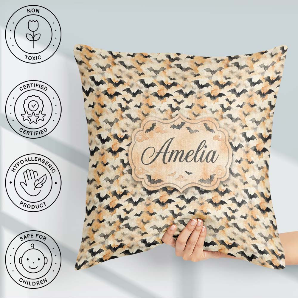 Custom Name Soft Neutral Bats and Misty Clouds Halloween Elegant Square Filled Cushion Throw Pillow Sofa Bed Home Decor Zip Washable UK Made