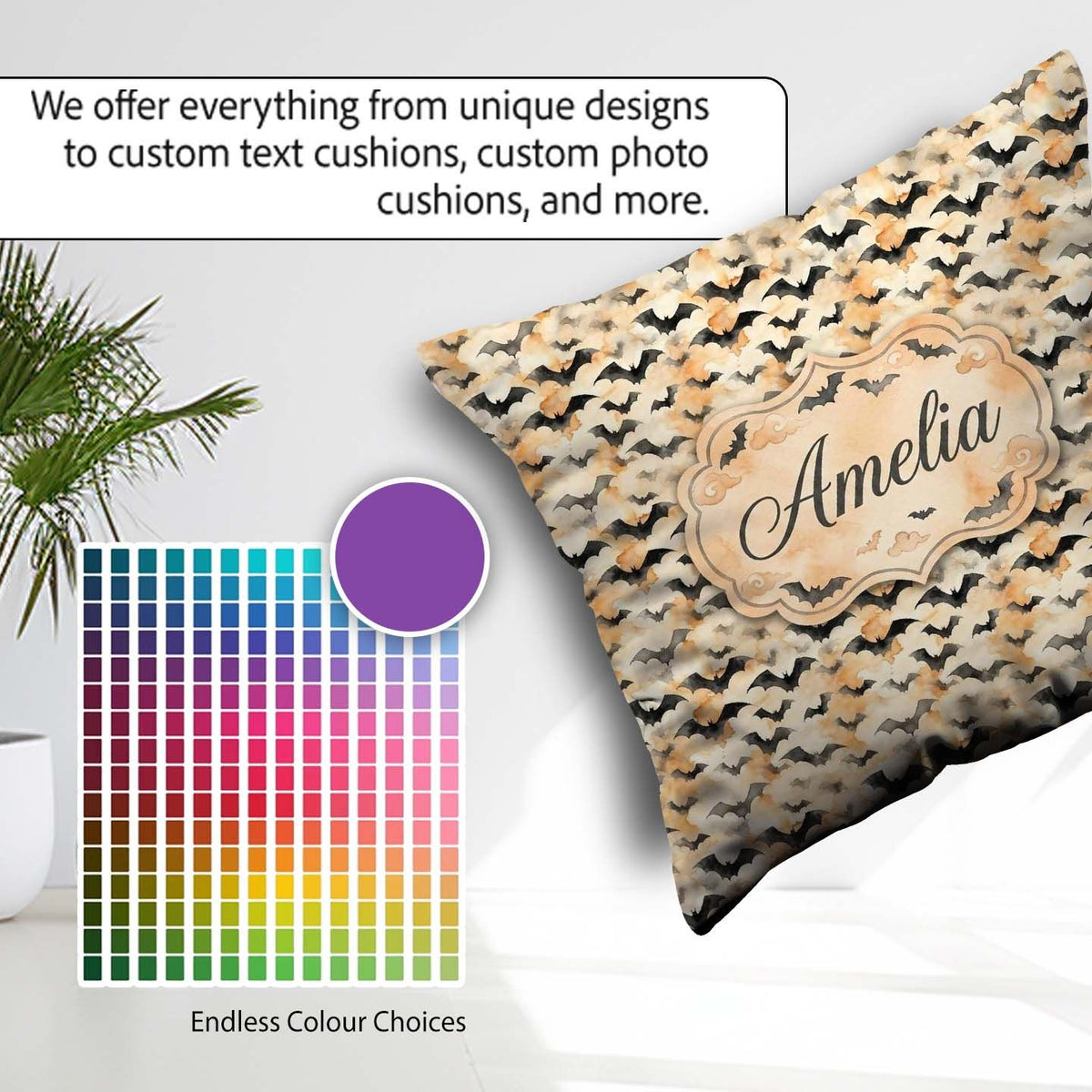 Custom Name Soft Neutral Bats and Misty Clouds Halloween Elegant Square Filled Cushion Throw Pillow Sofa Bed Home Decor Zip Washable UK Made