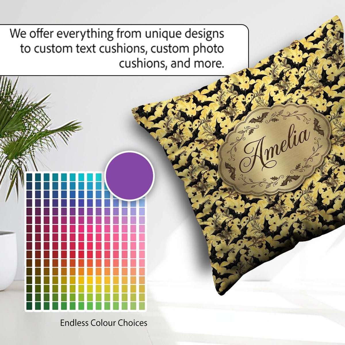 Custom Name Ornate Gothic Bats Floral Swirls on Golden Halloween Square Filled Cushion Throw Pillow Sofa Bed Home Decor Zip Washable UK Made
