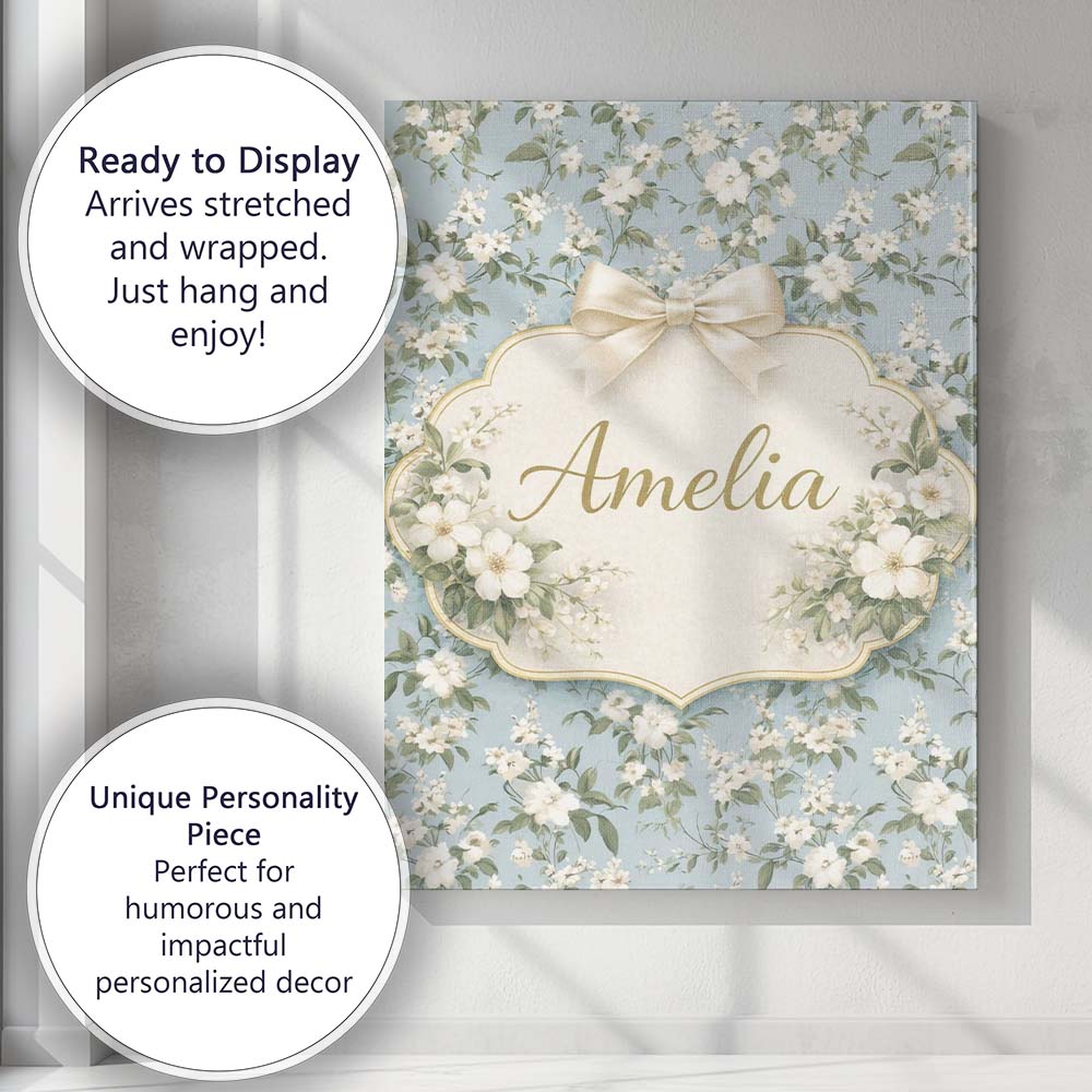 Personalised Name Light Blue Ditsy Floral Small Blossom Repeat Cute Custom Canvas Wall Art Print Decor Picture Ready to Hang