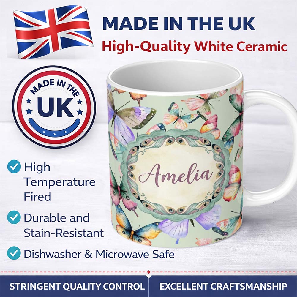 Personalized Custom Name Colorful Watercolor Butterflies on Sage Green Background Seamless 11oz Ceramic Coffee Tea Mug White Large Handle