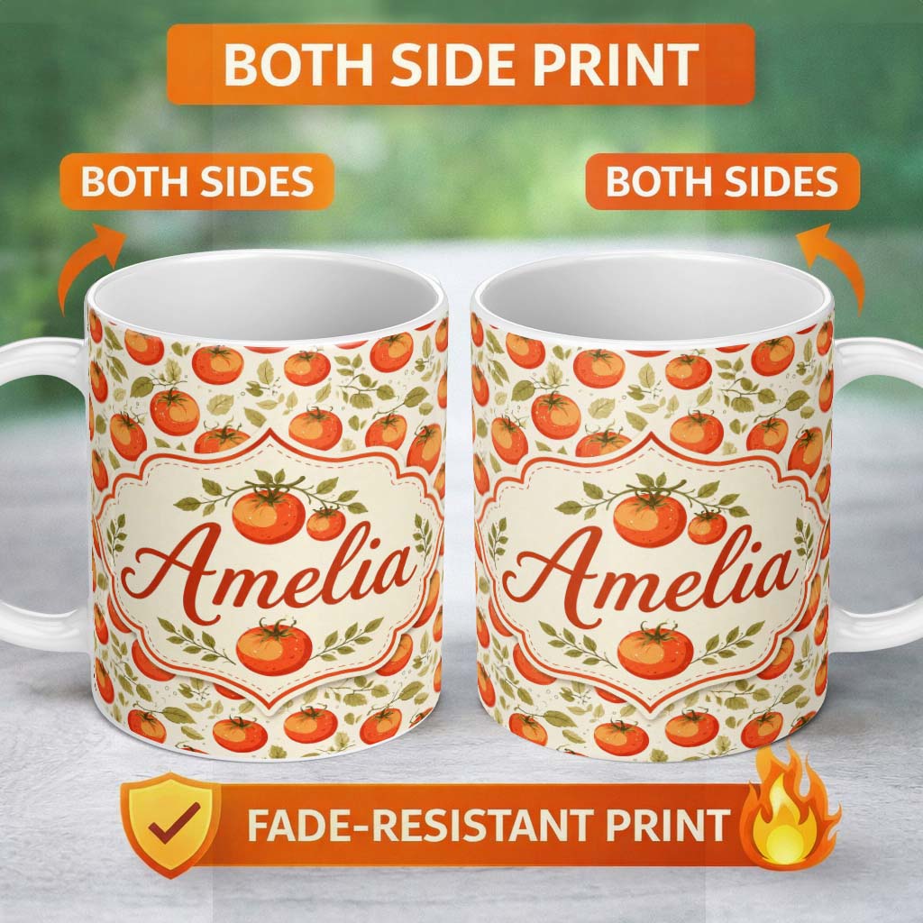 Personalized Custom Name Fresh Tomato Vine Botanical Pattern on Cream Background Garden Style 11oz Ceramic Coffee Tea Mug White Large Handle
