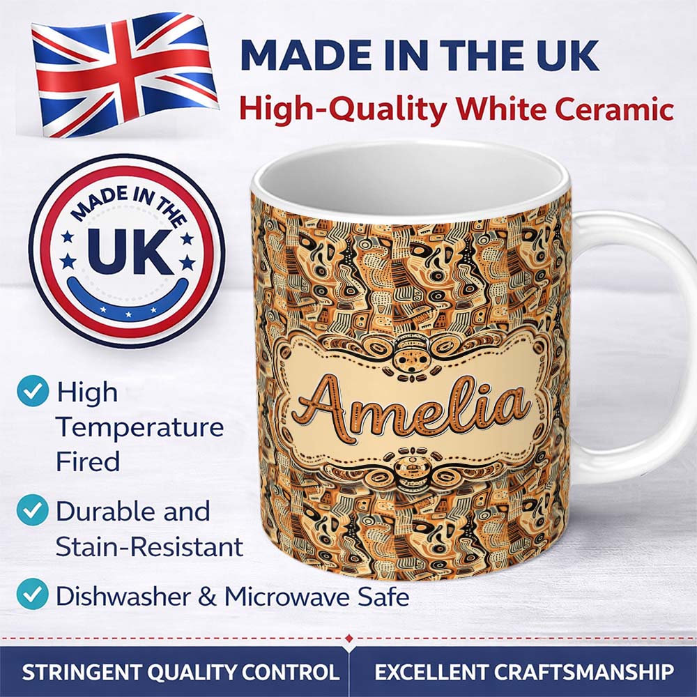 Personalized Custom Name Abstract Tribal Line Art Pattern with Organic Shapes in Earthy 11oz Ceramic Coffee Tea Mug White Large Handle