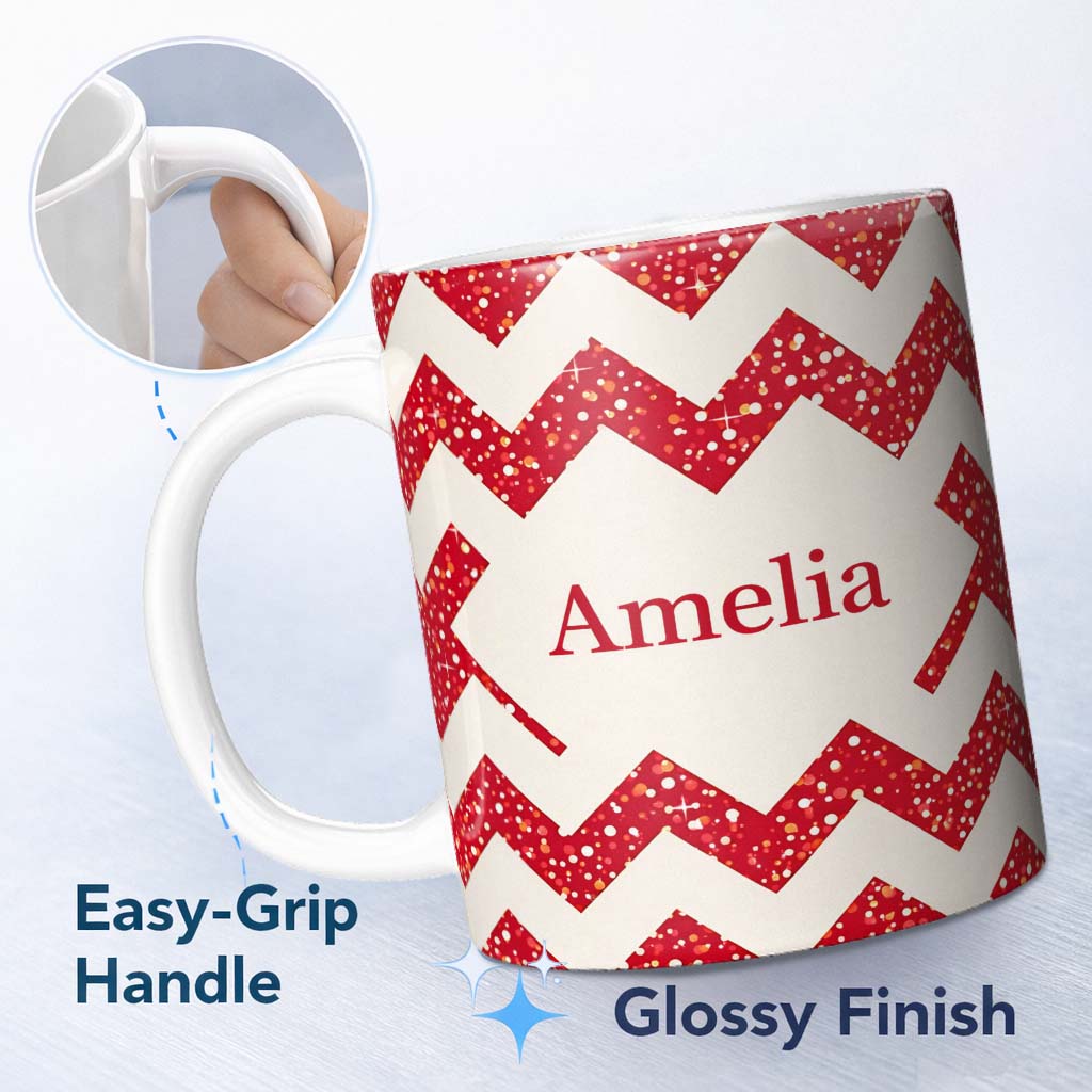 Personalized Custom Name Red Glitter Chevron Pattern Festive Bold Seamless Design Lovely 11oz Ceramic Coffee Tea Mug White Large Handle