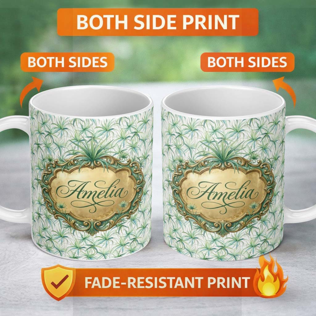 Personalized Custom Name Soft Green Air Plant Botanical Leaves Seamless Pattern Design Lovely 11oz Ceramic Coffee Tea Mug White Large Handle