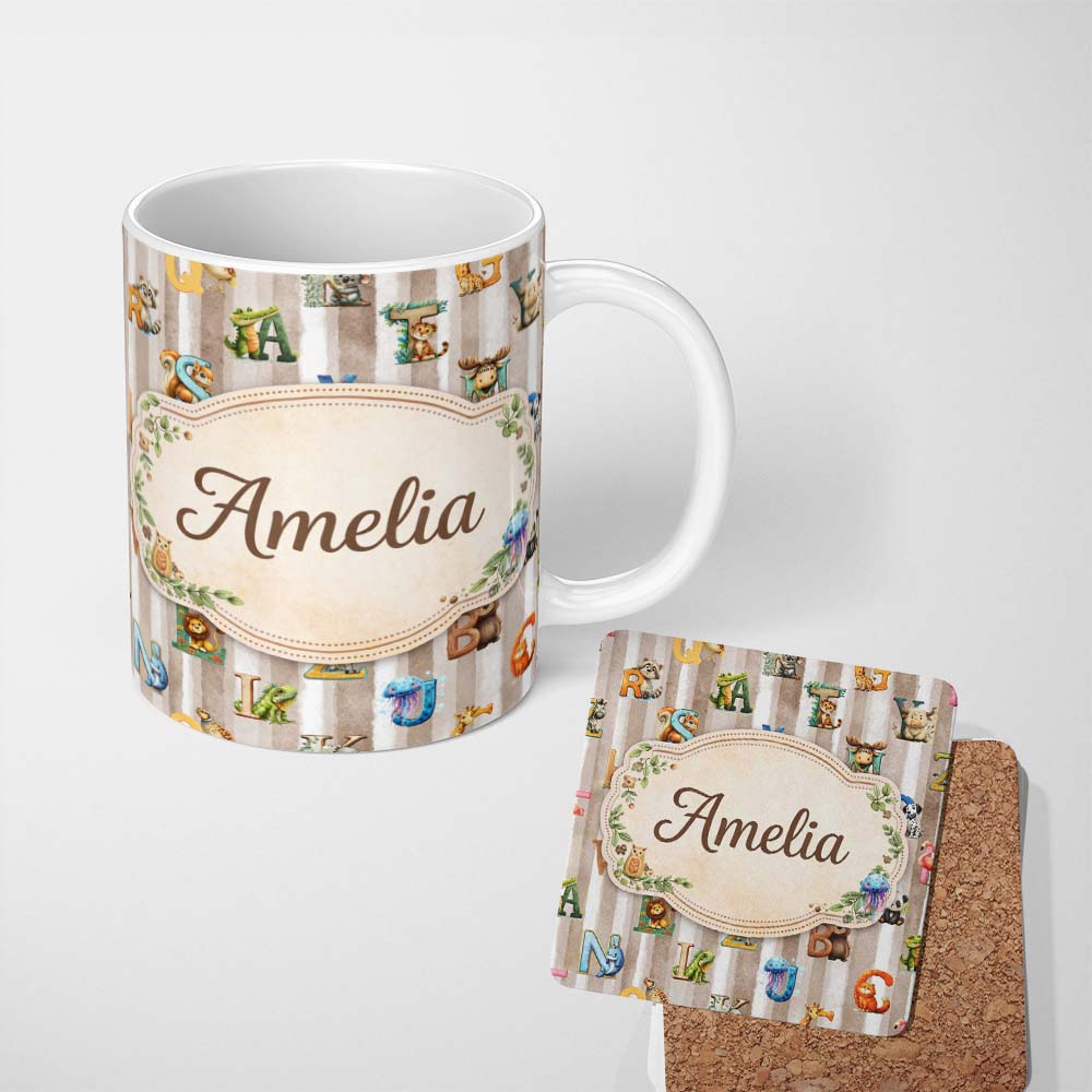 Personalized Custom Name Cute Animal Alphabet Nursery Pattern Beautiful Coffee Cup Lovely 11oz Ceramic Coffee Tea Mug White Large Handle