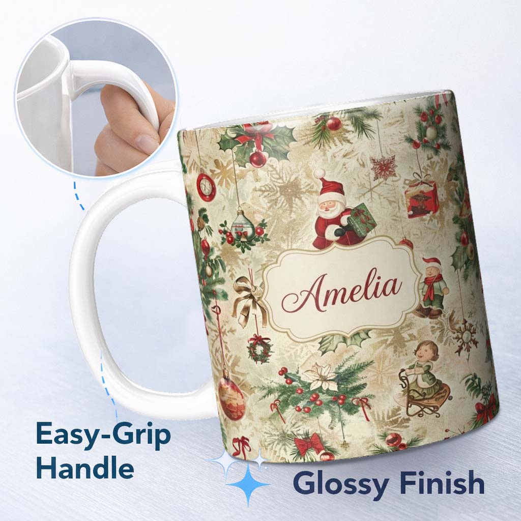 Personalized Custom Name Whimsical Santa Claus Gifts Children and Hanging Ornaments Festive 11oz Ceramic Coffee Tea Mug White Large Handle