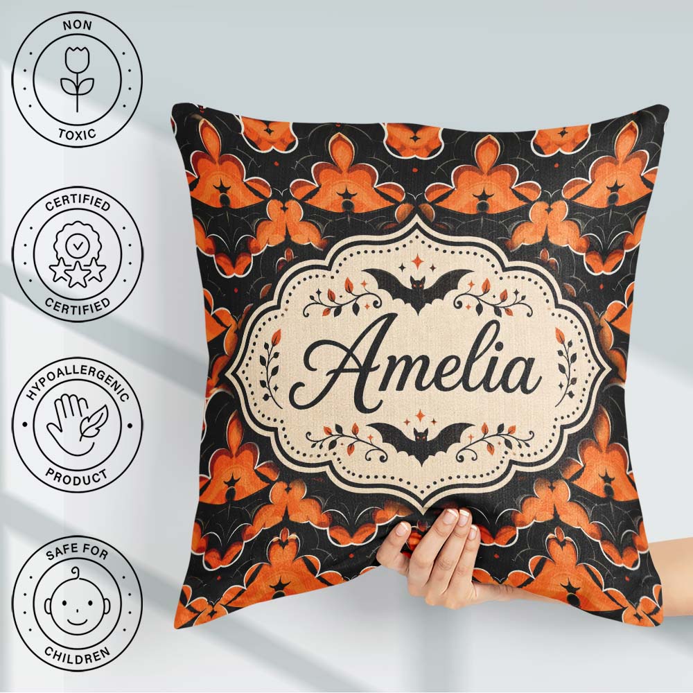 Custom Name Bold Geometric Bat in Orange and Repeating Halloween Square Filled Cushion Throw Pillow Sofa Bed Home Decor Zip Washable UK Made