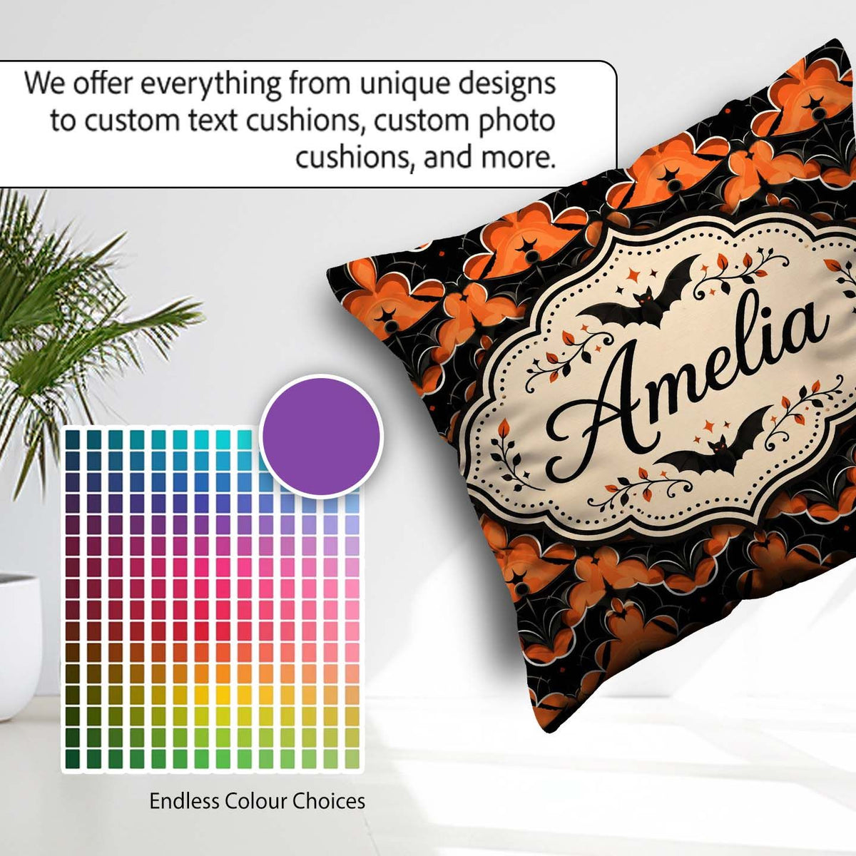 Custom Name Bold Geometric Bat in Orange and Repeating Halloween Square Filled Cushion Throw Pillow Sofa Bed Home Decor Zip Washable UK Made