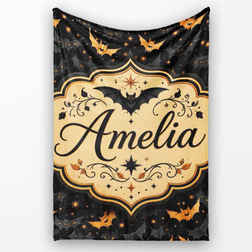 Cute Cartoon Bats and Stars on Black Background Fun Halloween Lovely Personalised Custom Name Super Soft Fleece Blanket Bed Sofa Throw