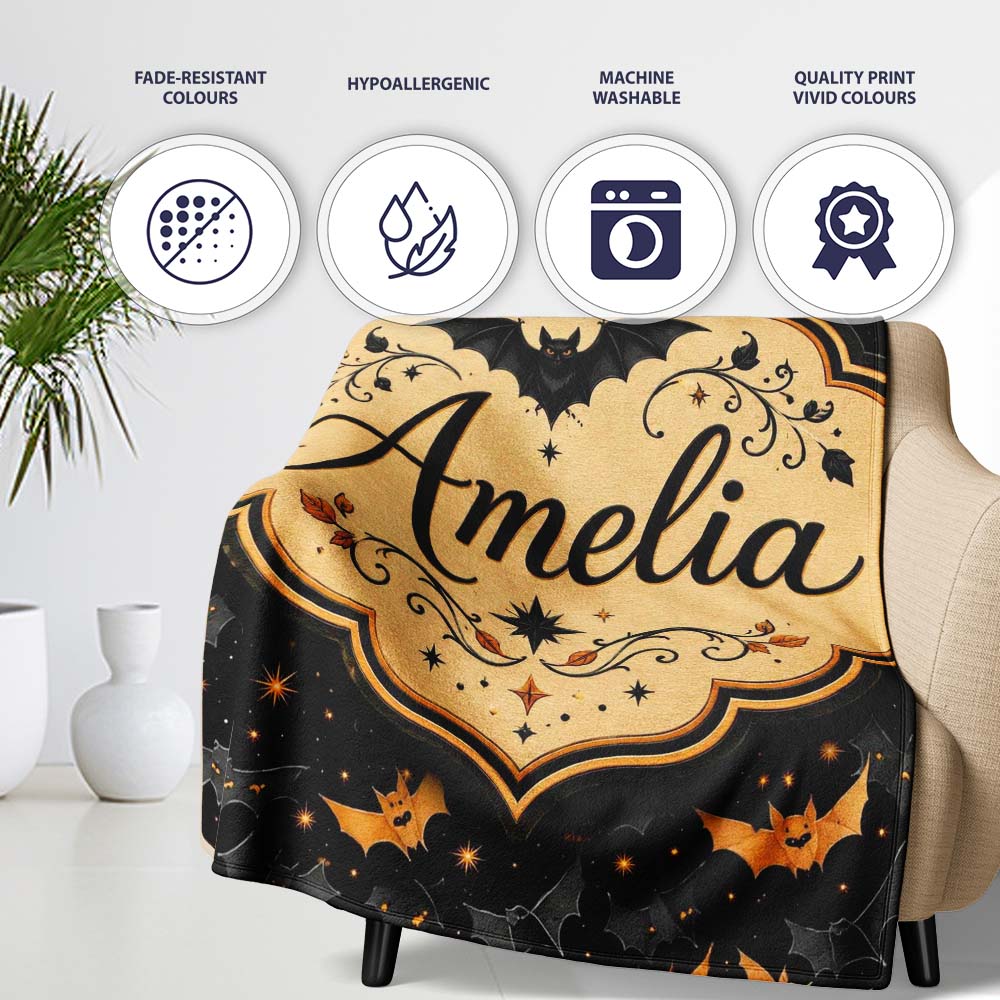 Cute Cartoon Bats and Stars on Black Background Fun Halloween Lovely Personalised Custom Name Super Soft Fleece Blanket Bed Sofa Throw