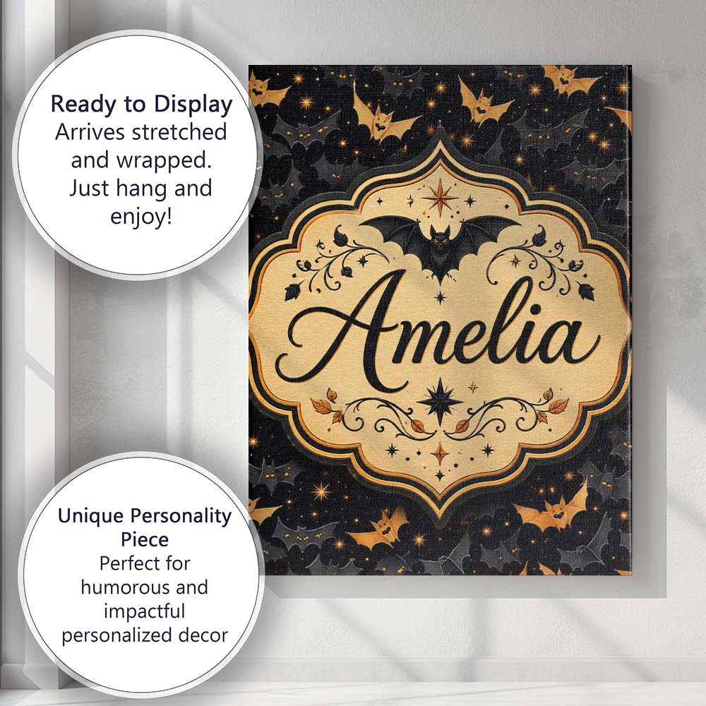 Personalised Name Cute Cartoon Bats and Custom Modern Room Accent Elegant Feature Canvas Wall Art Print Decor Picture Ready to Hang