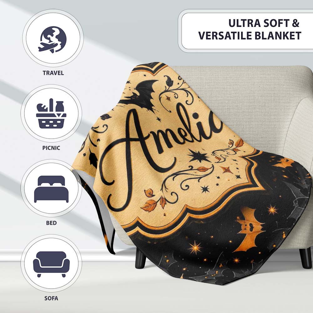 Cute Cartoon Bats and Stars on Black Background Fun Halloween Lovely Personalised Custom Name Super Soft Fleece Blanket Bed Sofa Throw