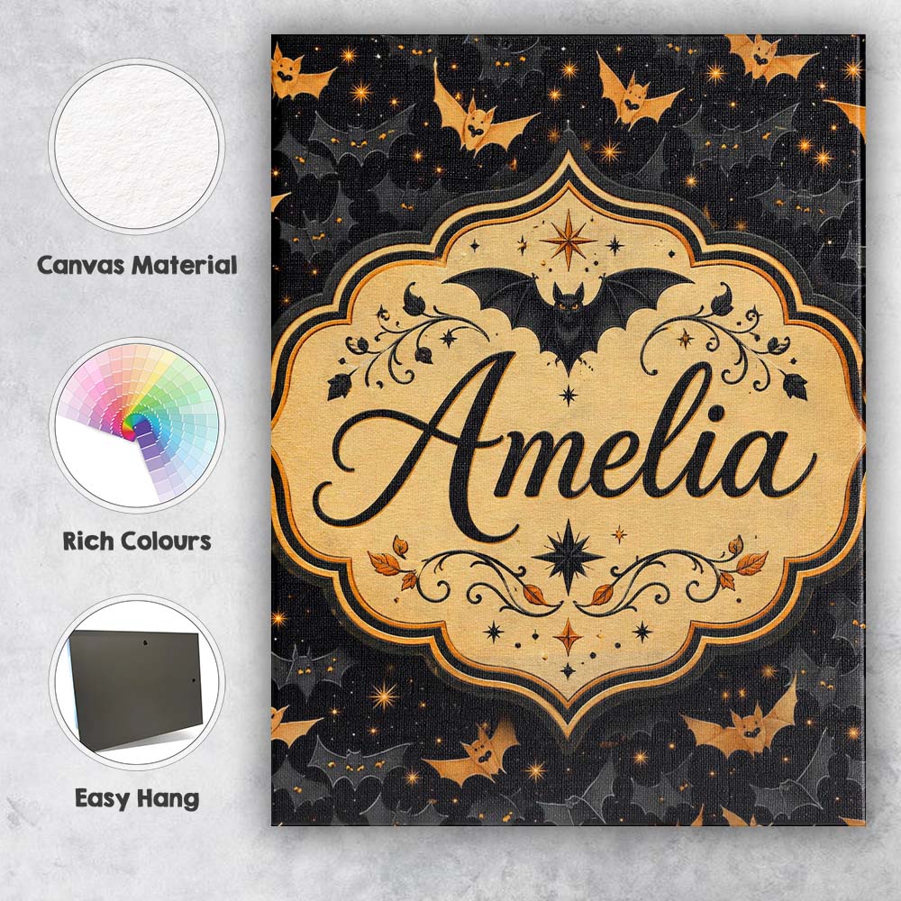 Personalised Name Cute Cartoon Bats and Custom Modern Room Accent Elegant Feature Canvas Wall Art Print Decor Picture Ready to Hang