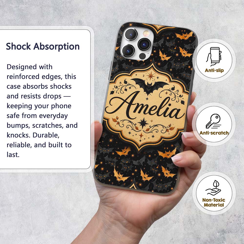 Cute Cartoon Bats and Stars on Black Background Custom Name Protective Phone Case Mobile Cover Durable Everyday Smartphone Shock Resistant