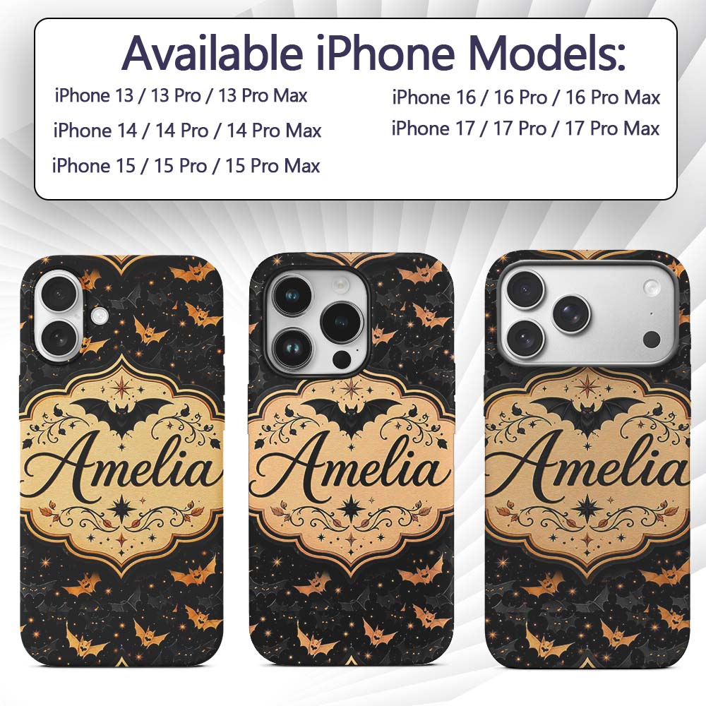 Cute Cartoon Bats and Stars on Black Background Custom Name Protective Phone Case Mobile Cover Durable Everyday Smartphone Shock Resistant