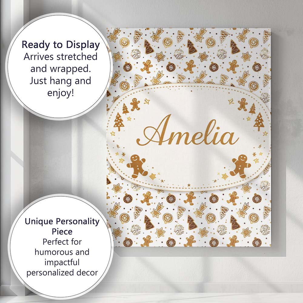 Personalised Name Gingerbread Christmas Cookies Pattern White Custom Contemporary Display Canvas Wall Art Print Decor Picture Ready to Hang