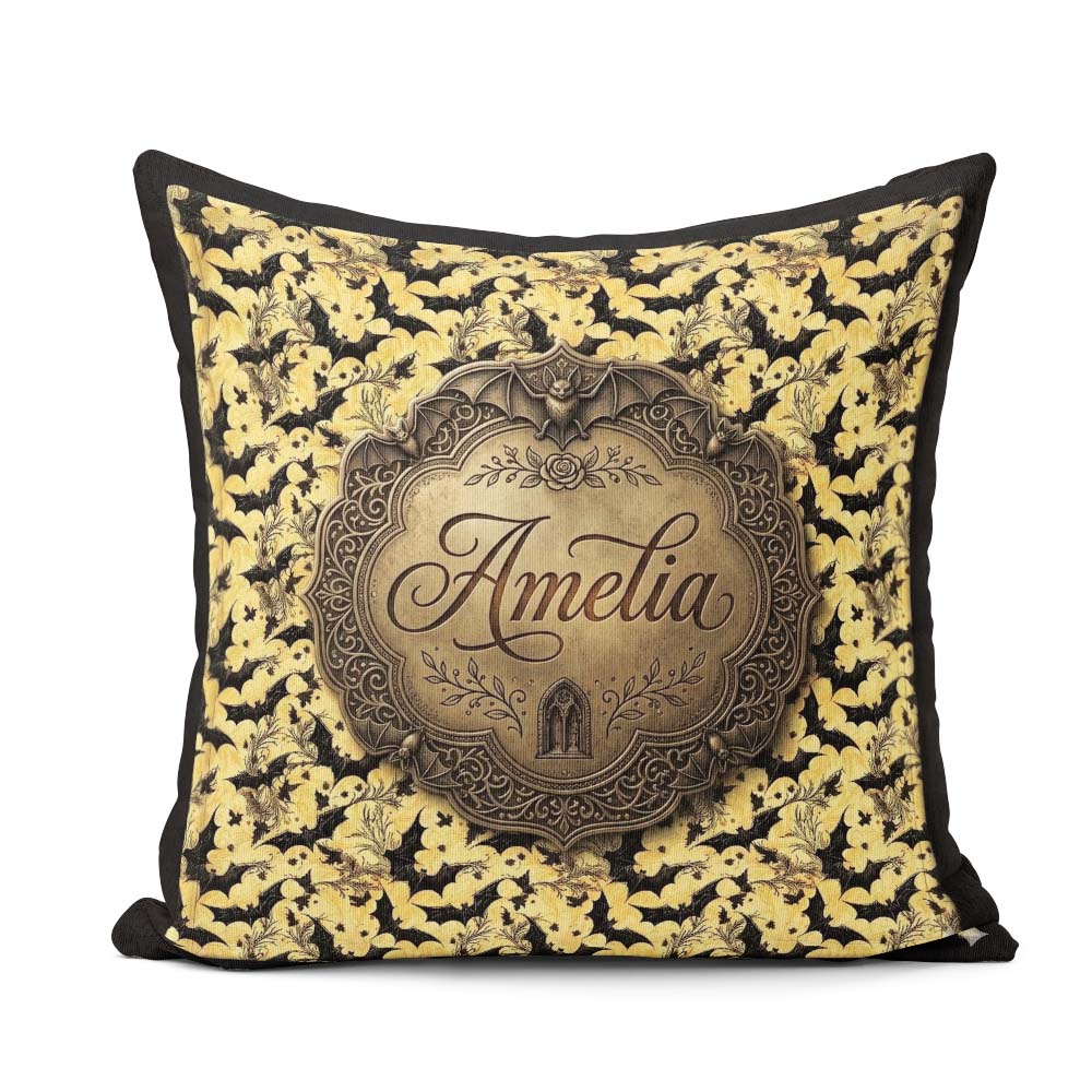 Custom Name Classic Bats in Yellow Cloudy Sky Halloween Seamless Square Filled Cushion Throw Pillow Sofa Bed Home Decor Zip Washable UK Made