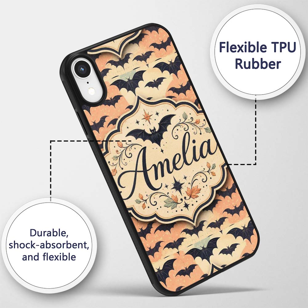 Bats with Pastel Cloud Layers Unique Halloween Custom Name Protective Phone Case Mobile Cover Durable Everyday Smartphone Shock Resistant