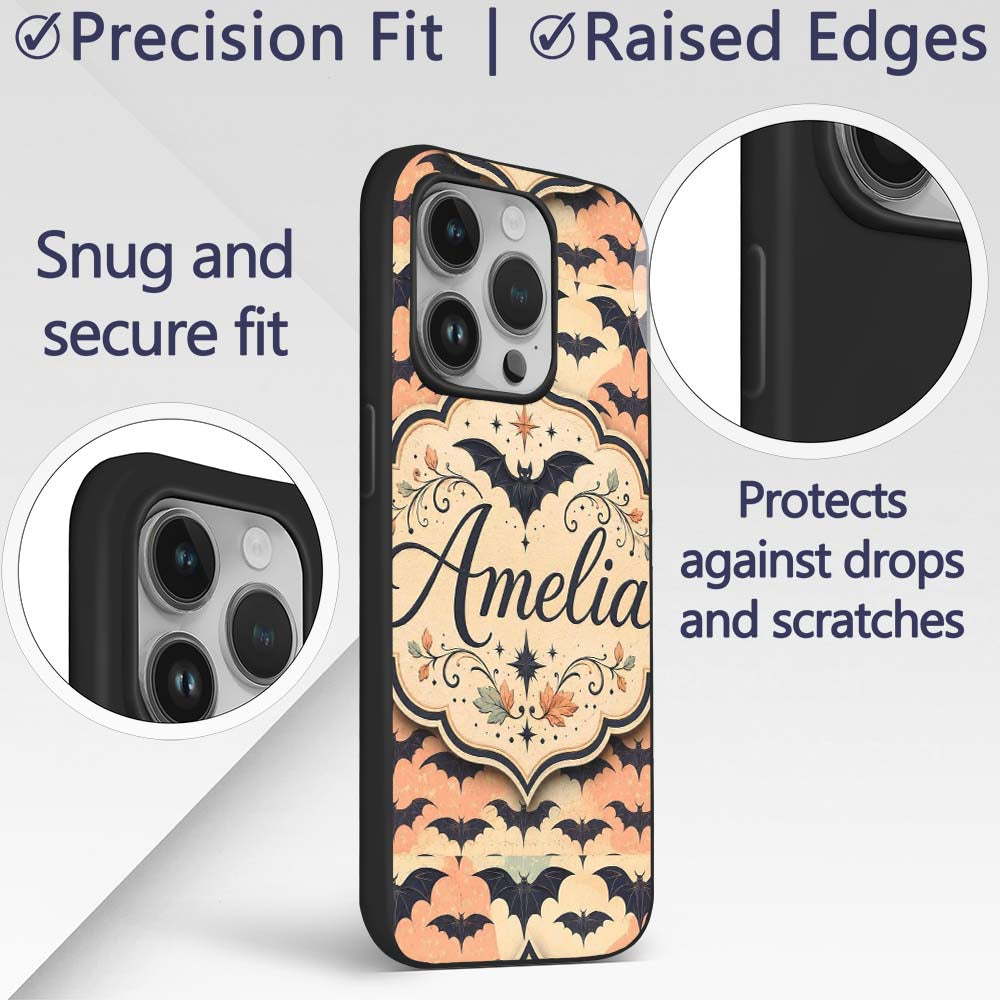Bats with Pastel Cloud Layers Unique Halloween Custom Name Protective Phone Case Mobile Cover Durable Everyday Smartphone Shock Resistant