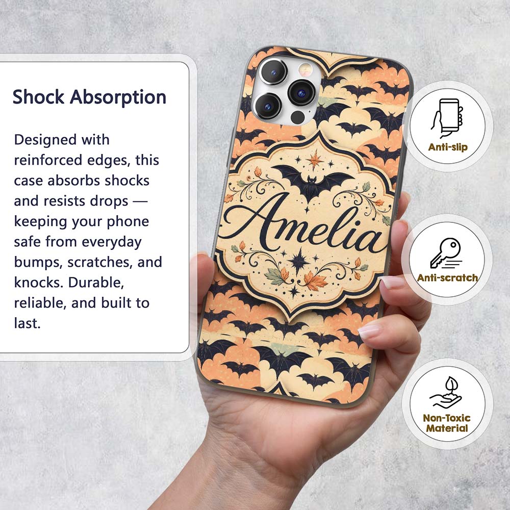 Bats with Pastel Cloud Layers Unique Halloween Custom Name Protective Phone Case Mobile Cover Durable Everyday Smartphone Shock Resistant