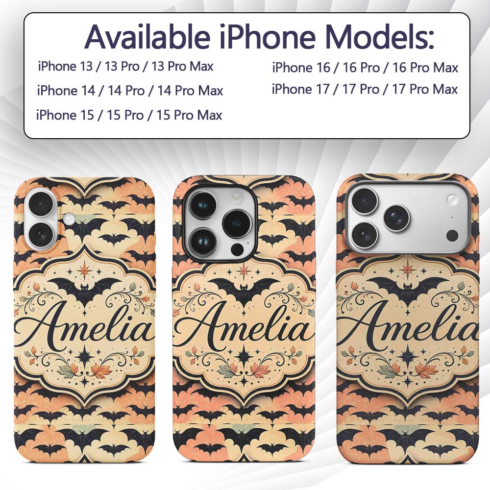 Bats with Pastel Cloud Layers Unique Halloween Custom Name Protective Phone Case Mobile Cover Durable Everyday Smartphone Shock Resistant