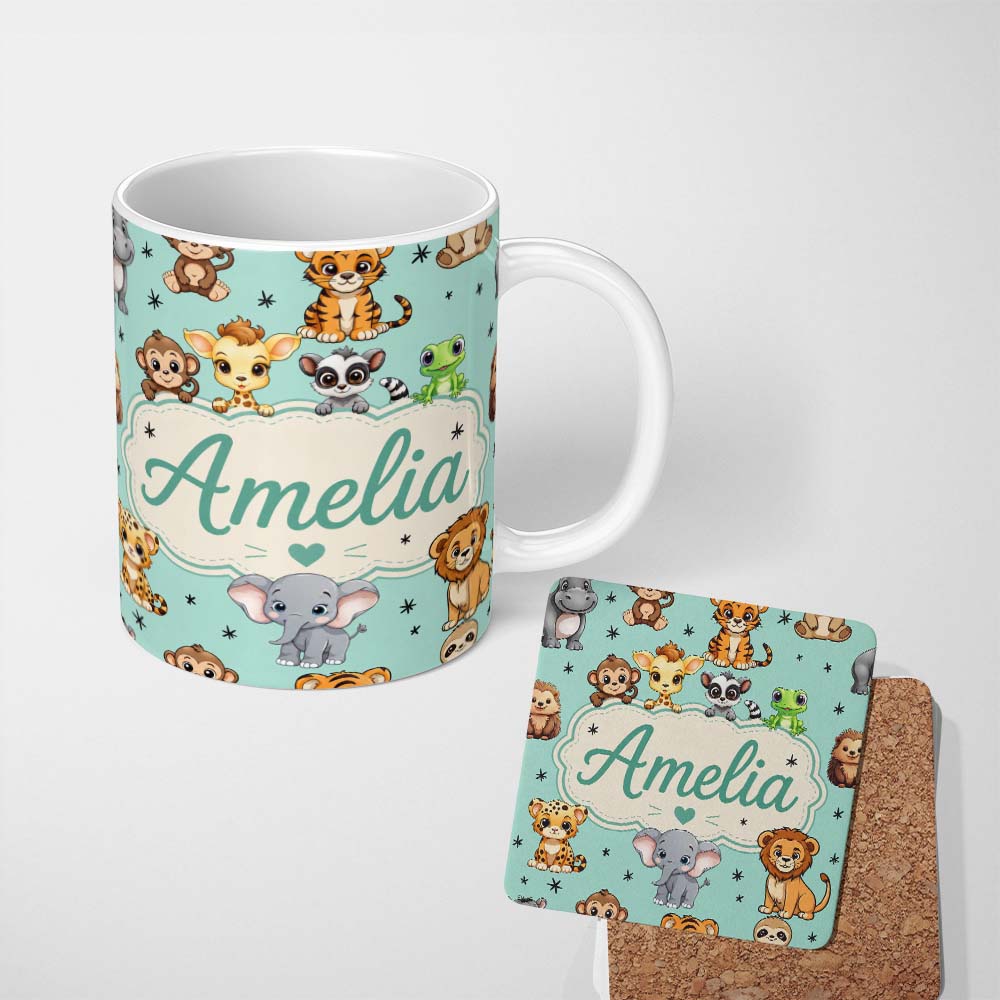 Personalized Custom Name Cute Jungle Baby Animals Lion Tiger Elephant Giraffe Pattern Mint 11oz Ceramic Coffee Tea Mug White Large Handle