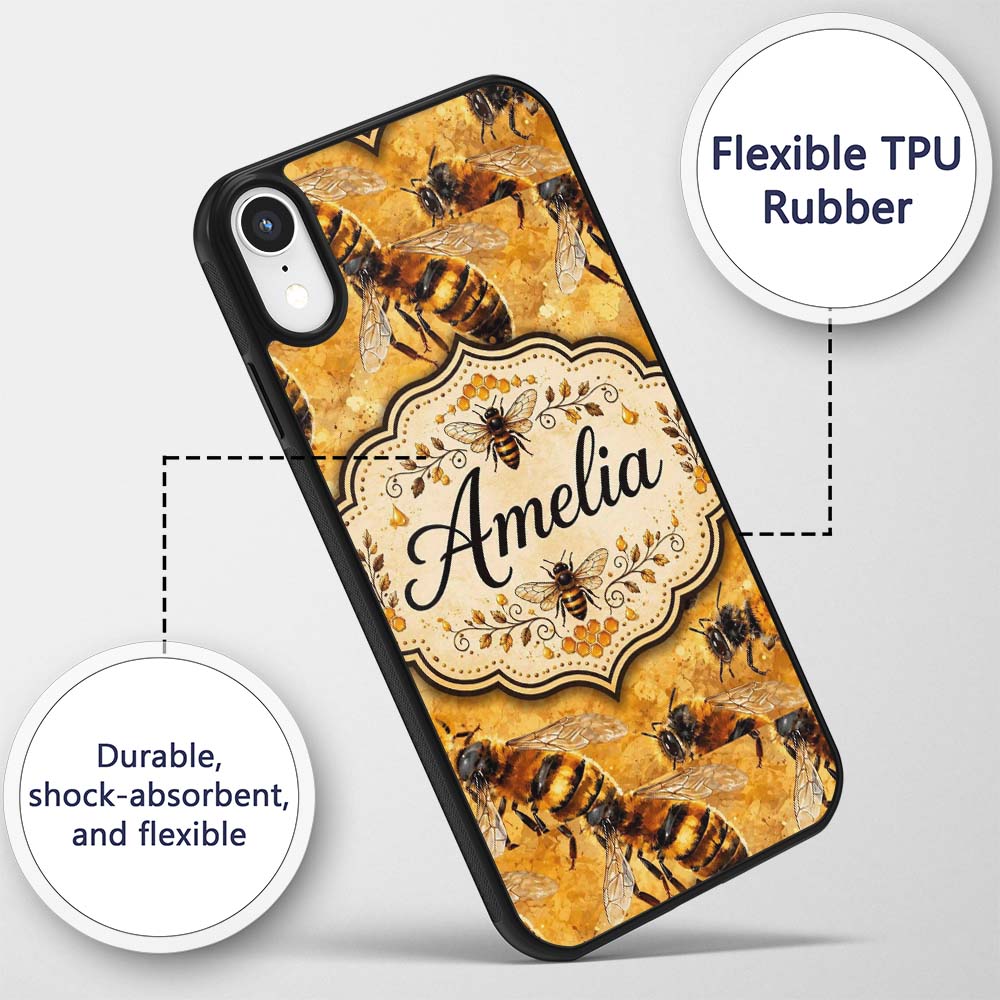 Detailed Honey Bees on Golden Background Nature Custom Name Protective Phone Case Mobile Cover Durable Everyday Smartphone Shock Resistant