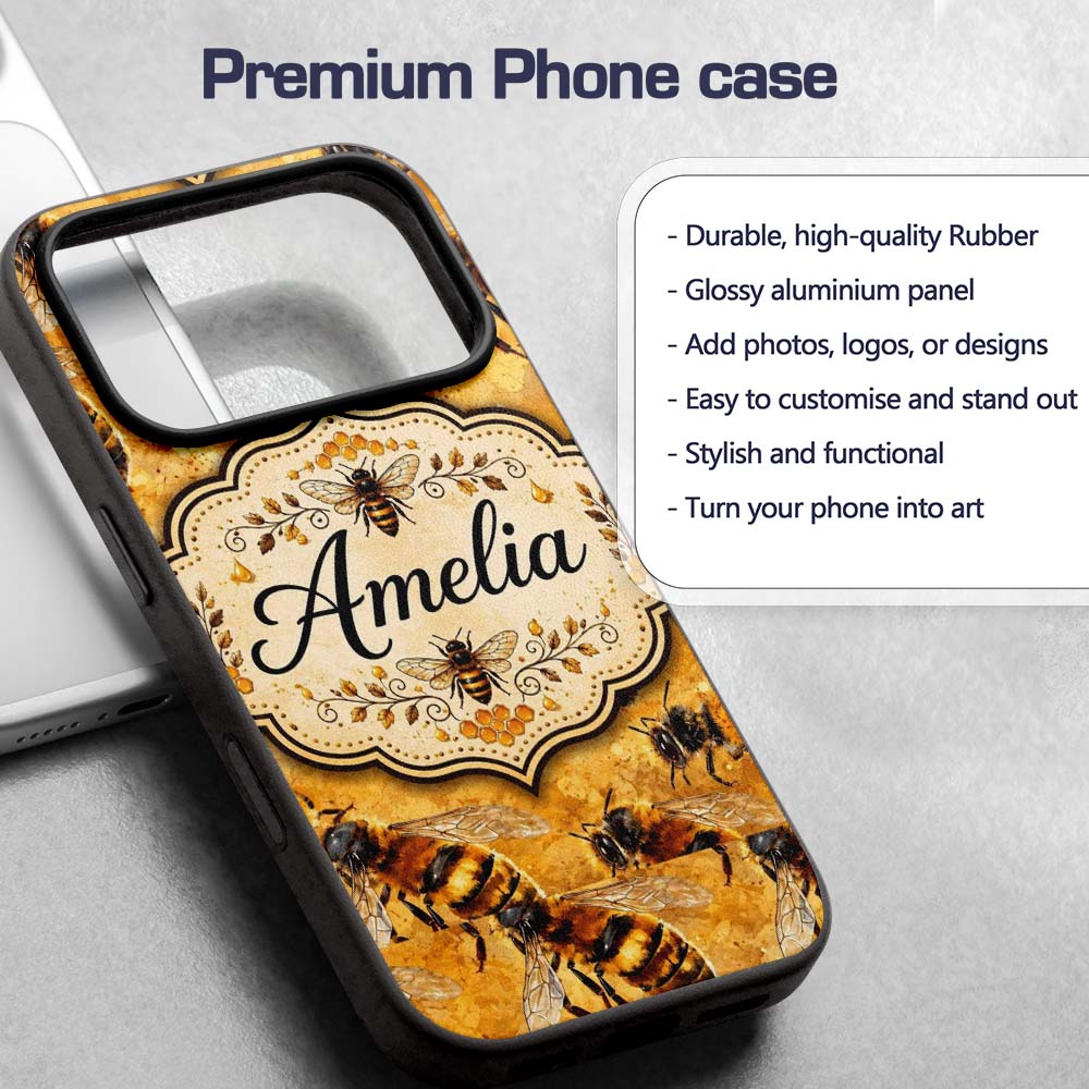 Detailed Honey Bees on Golden Background Nature Custom Name Protective Phone Case Mobile Cover Durable Everyday Smartphone Shock Resistant