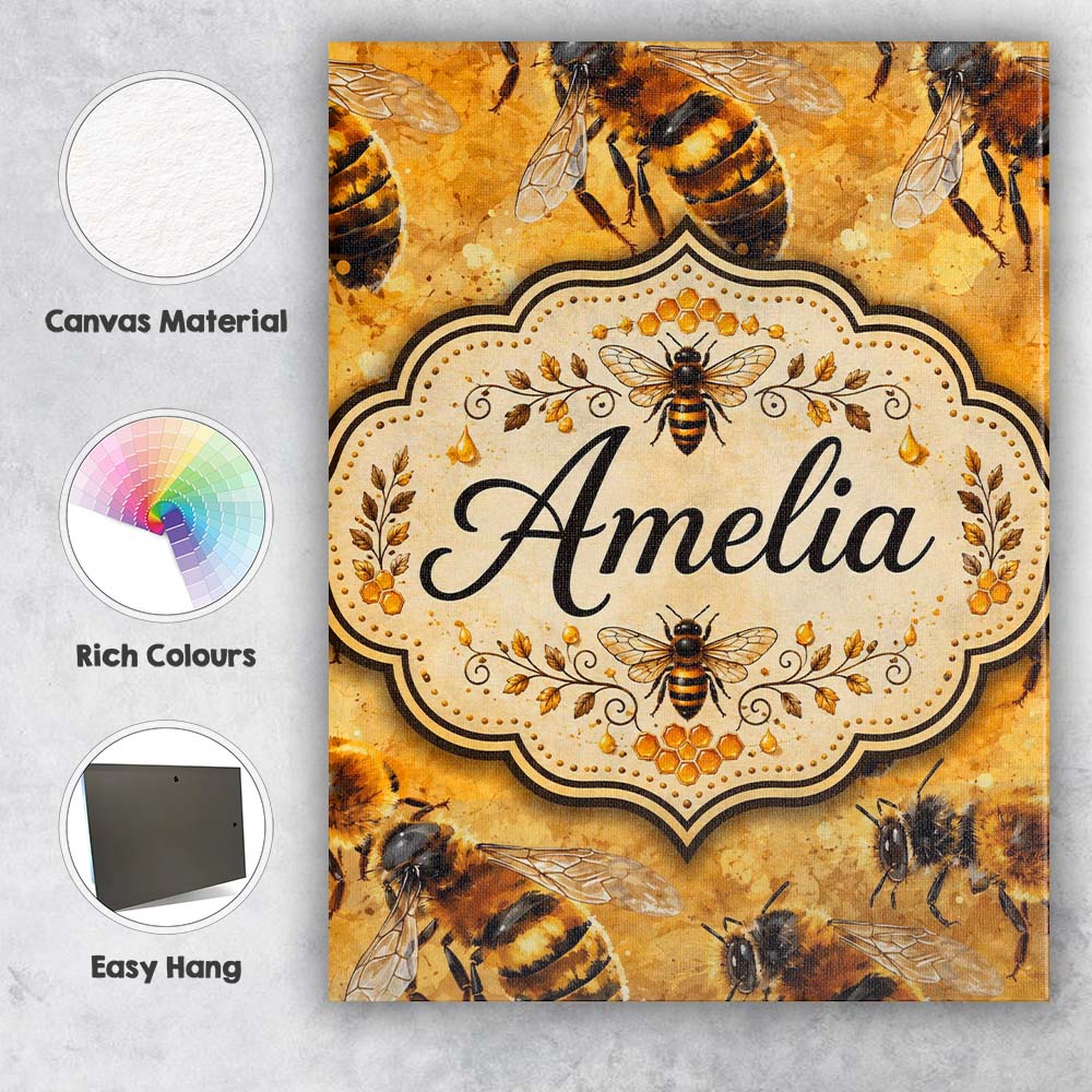 Personalised Name Detailed Honey Bees on Custom Unique Gift Idea Elegant Feature Canvas Wall Art Print Decor Picture Ready to Hang