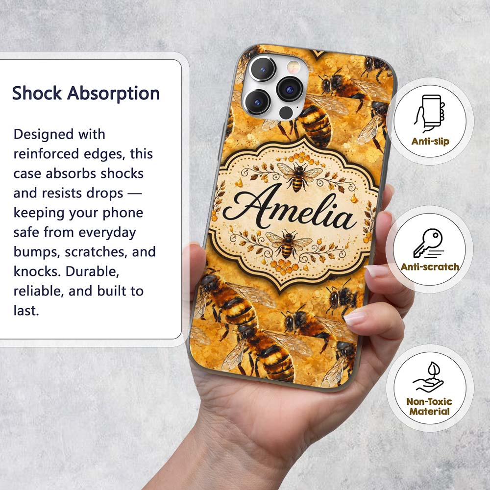 Detailed Honey Bees on Golden Background Nature Custom Name Protective Phone Case Mobile Cover Durable Everyday Smartphone Shock Resistant