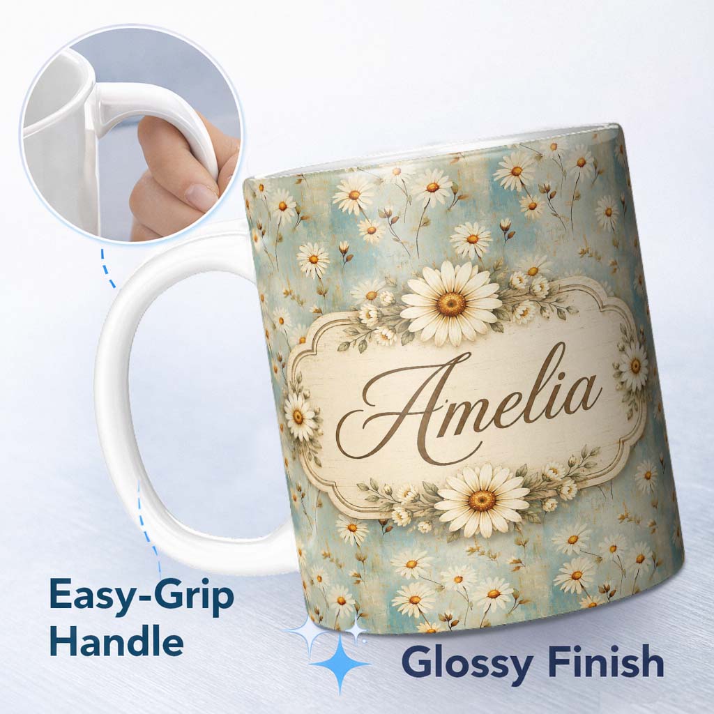 Personalized Custom Name Rustic Daisy Pattern on Neutral Textured Canvas Style Background 11oz Ceramic Coffee Tea Mug White Large Handle