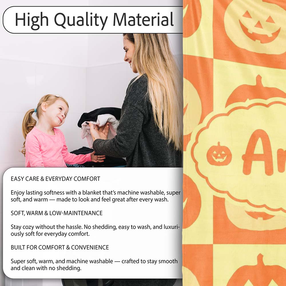 Halloween Pumpkin Faces in Warm Yellow and Orange Grid Seamless Personalised Custom Name Super Soft Fleece Blanket Bed Sofa Throw