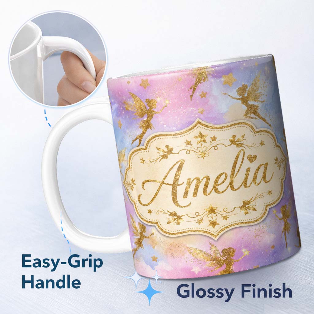 Personalized Custom Name Magical Gold Fairy Silhouettes with Stars on Watercolor Sky Lovely 11oz Ceramic Coffee Tea Mug White Large Handle