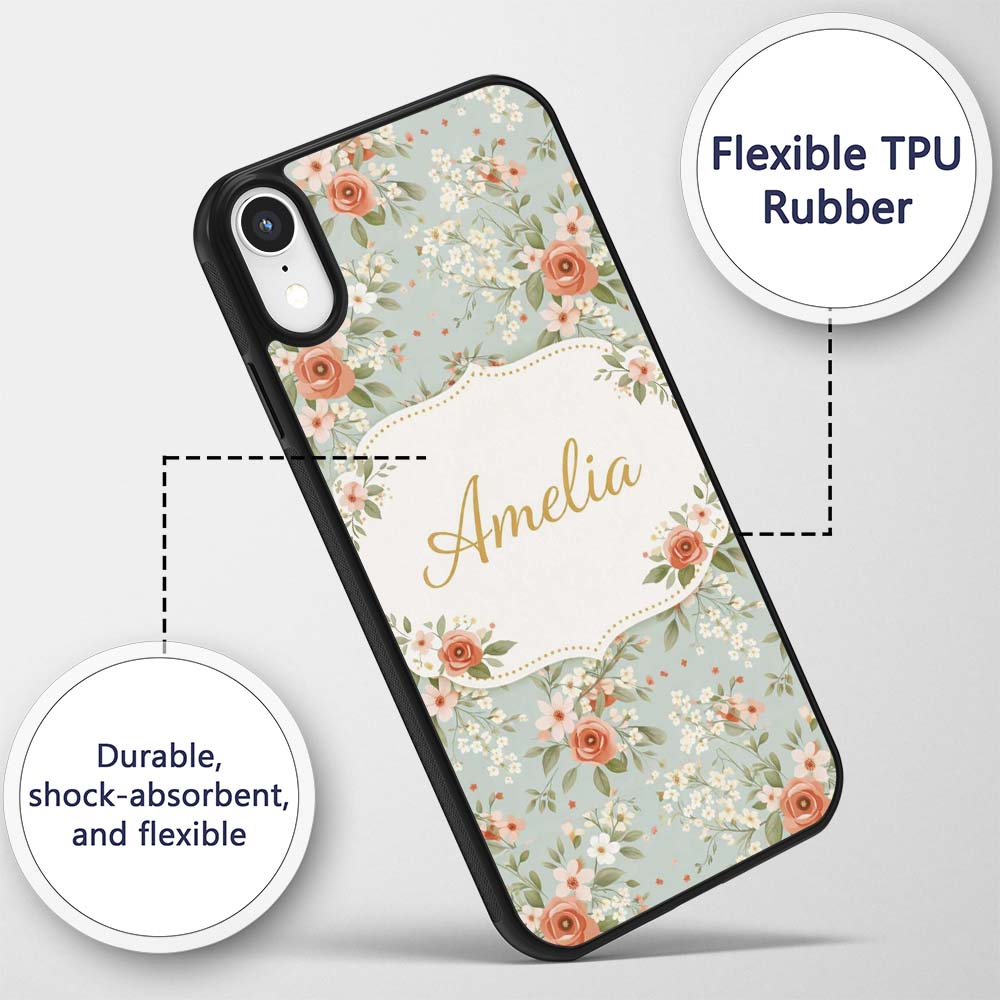 Peach Rose Floral Pattern Blue Printed Design Custom Name Protective Phone Case Mobile Cover Durable Everyday Smartphone Shock Resistant