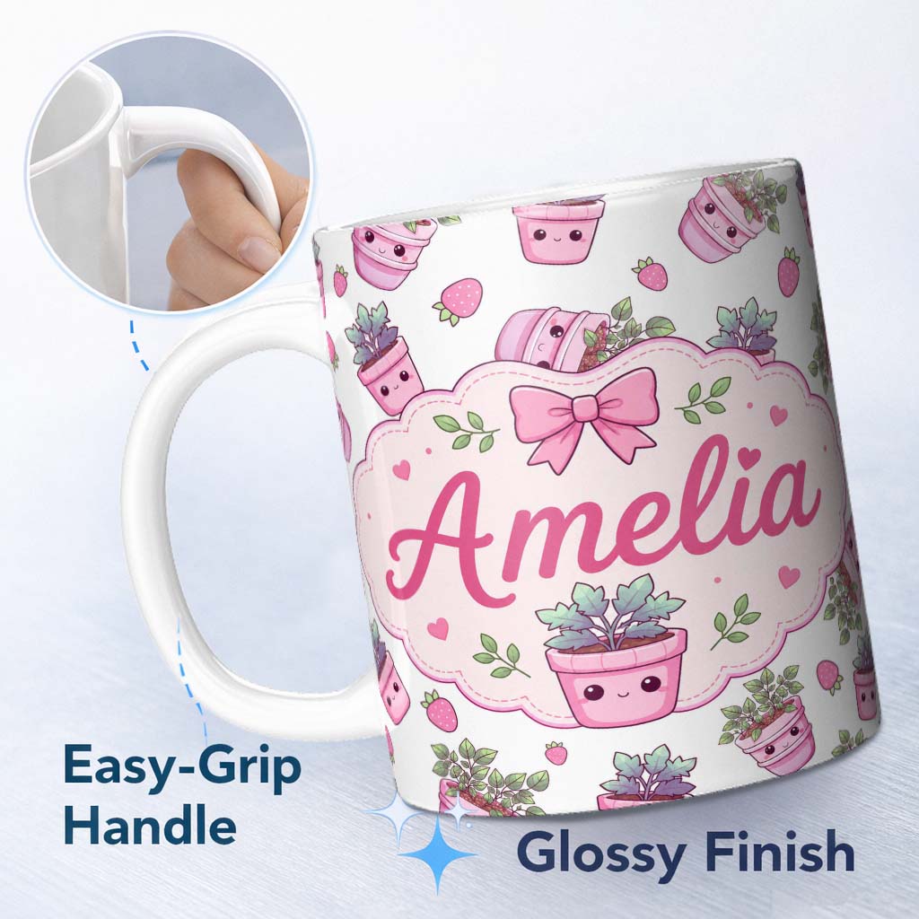Personalized Custom Name Cute Pink Plant Pots Leaves Strawberry Seamless Pattern Light Grey 11oz Ceramic Coffee Tea Mug White Large Handle