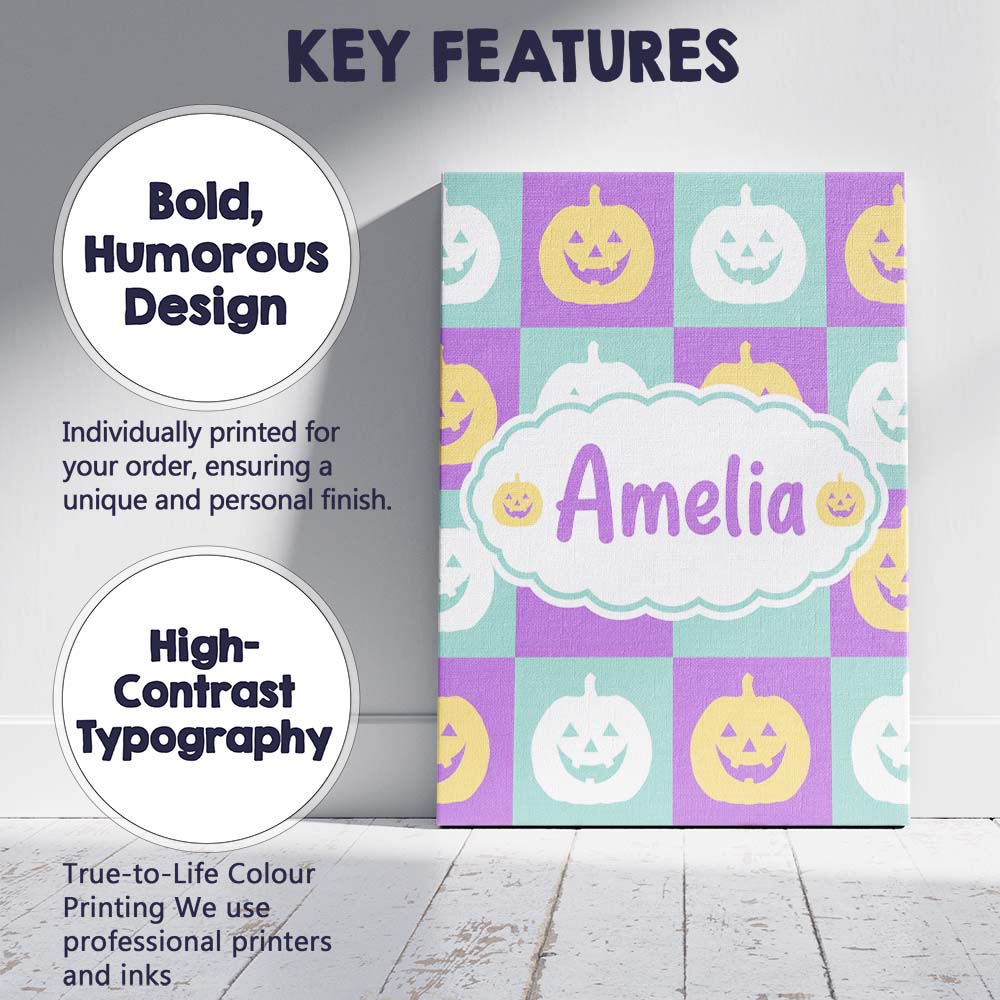 Personalised Name Pastel Pumpkin Faces on Custom Unique Gift Idea Elegant Feature Canvas Wall Art Print Decor Picture Ready to Hang
