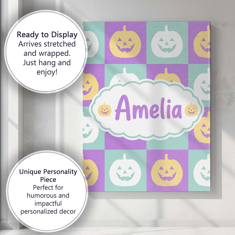 Personalised Name Pastel Pumpkin Faces on Custom Unique Gift Idea Elegant Feature Canvas Wall Art Print Decor Picture Ready to Hang