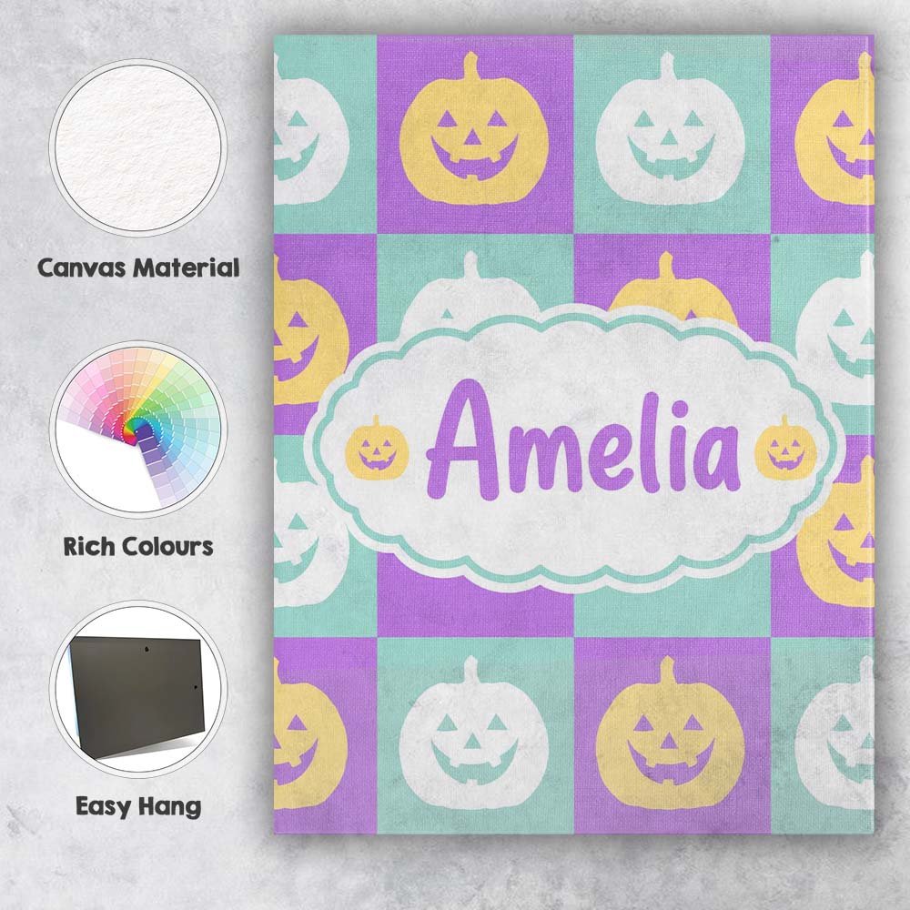 Personalised Name Pastel Pumpkin Faces on Custom Unique Gift Idea Elegant Feature Canvas Wall Art Print Decor Picture Ready to Hang