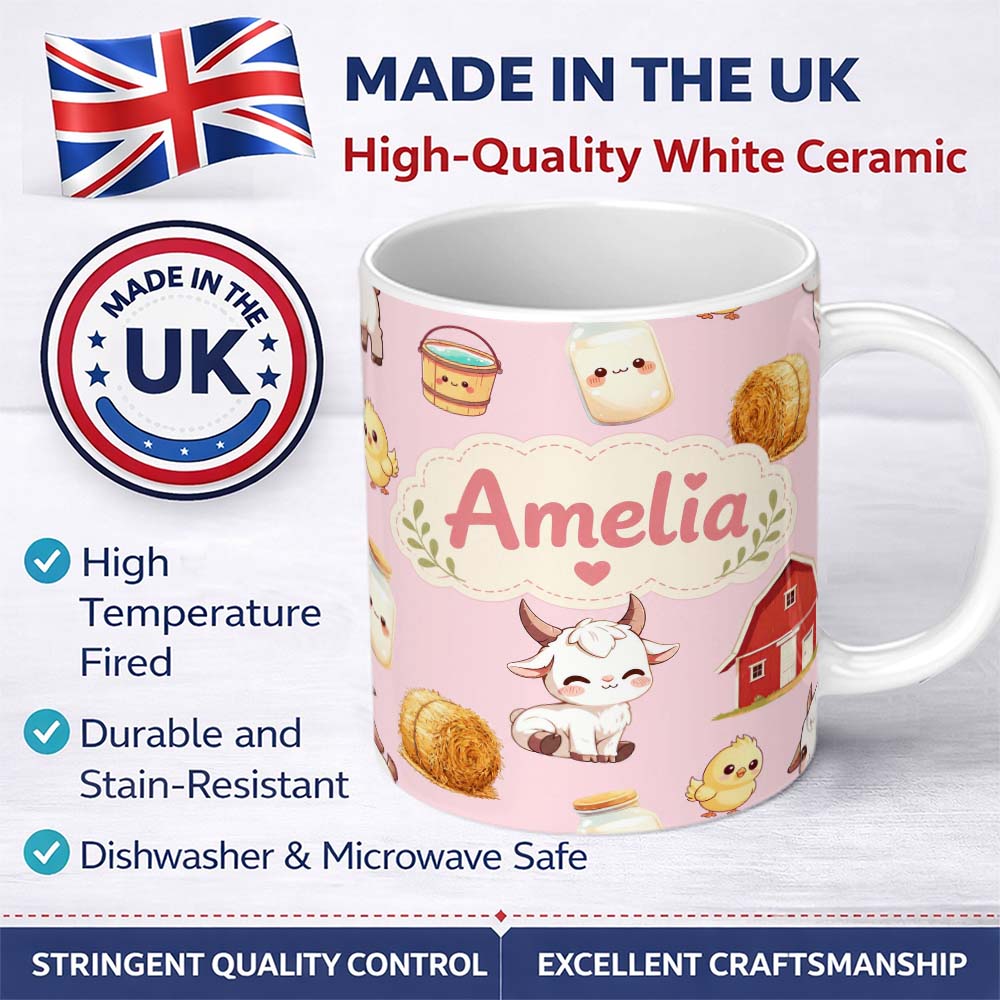 Personalized Custom Name Cute Farm Goat Barn Hay Bale Chick Milk Bucket Rose Background 11oz Ceramic Coffee Tea Mug White Large Handle